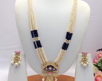 Handmade Kundan Meenakari Long Necklace Haar/Mala Indian Necklace Set with Earrings, Indian wedding, Bollywood Jewelry, Pakistani jewellery