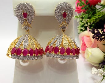 CZ American Dimonds High Quality Heavy Gold Plated Cubic Zirconia Indian Jewelry Jhumka Earrings Set Bollywood jewelry