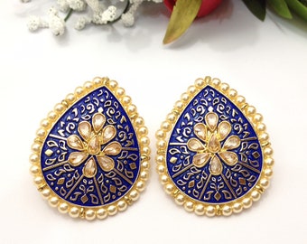 Handmade Polki Stud Earrings Cubic Zirconia Minakari Indian jewelry Pakistani Bollywood Style indian jewellery