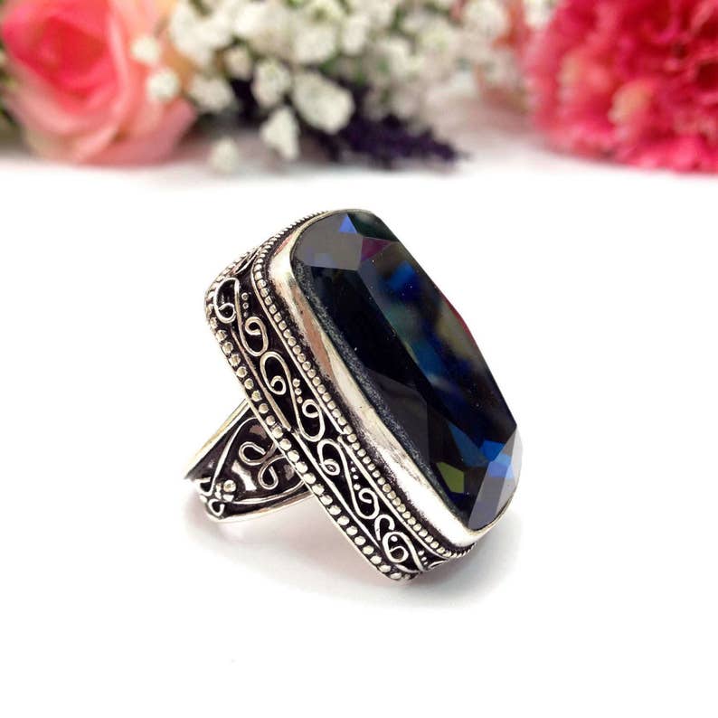 Vintage Blue Topaz Quartz Gemstone Ring UK Size:M.1/2, Silver Vintage Jewellery India jewelry image 3