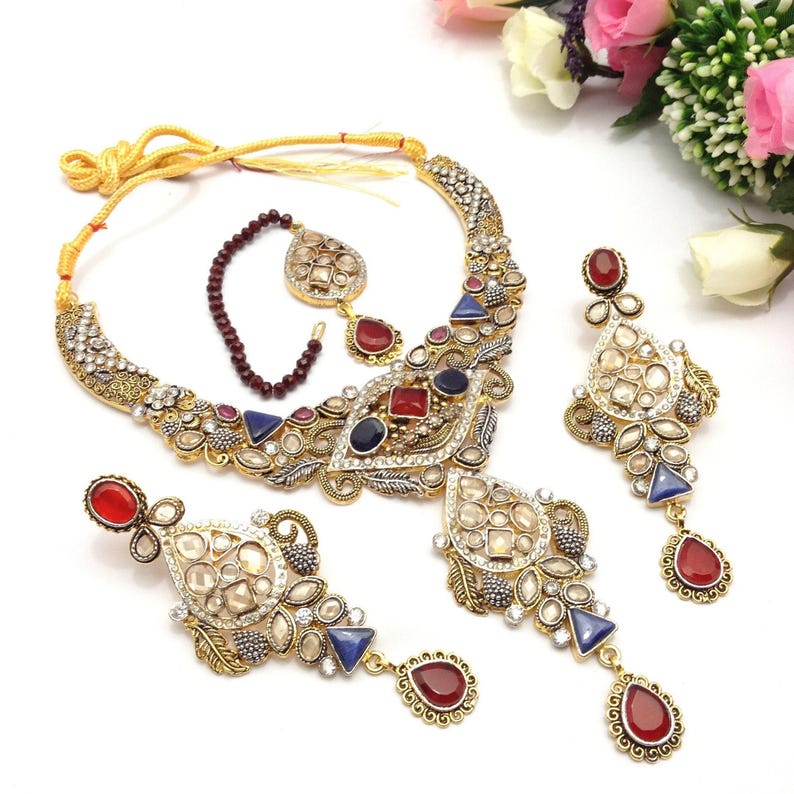 Hand Crafted Two Tones Gemstones Anarkali Necklace Set with Earrings And Tika/Headpiece indian Jewellery One Gram Gold Plated indian Jewelry image 5