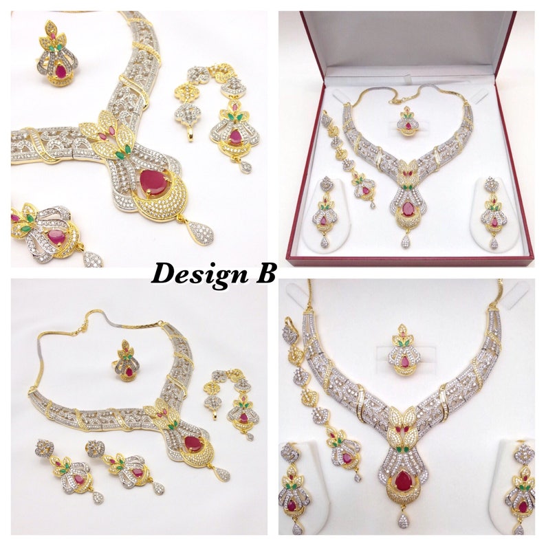 Ruby Emerald and CZ American Dimonds Gold Plated Cubic Zirconia Indian Jewelry Bridal Jewellery Necklace Set Indian Jewellery Indian Jewelry image 5