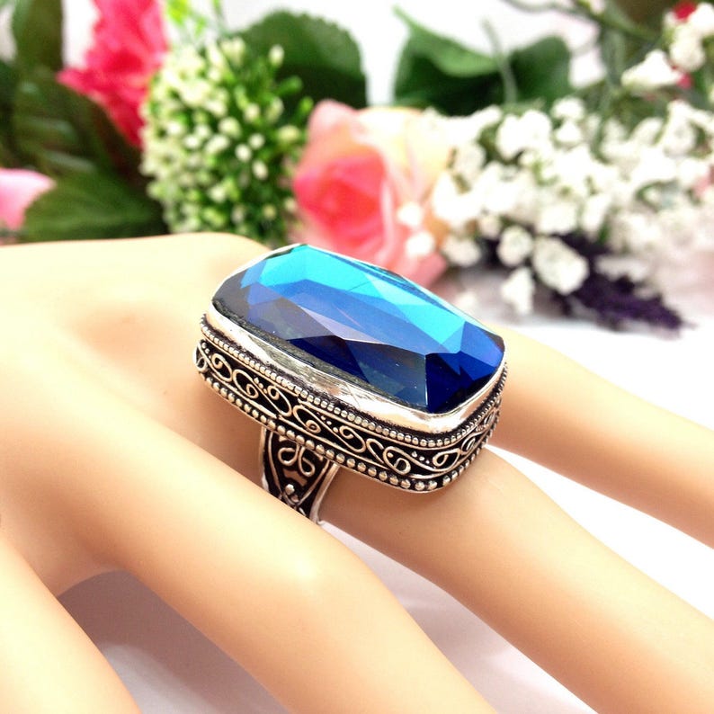 Vintage Blue Topaz Quartz Gemstone Ring UK Size:M.1/2, Silver Vintage Jewellery India jewelry image 1
