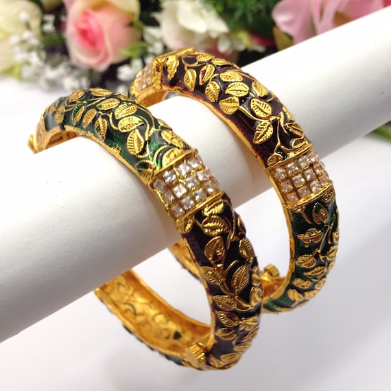 Handmade Indian Wedding Jewelry Polki Openable Bangles Polki Indian Pakisani Minakari Jewelry