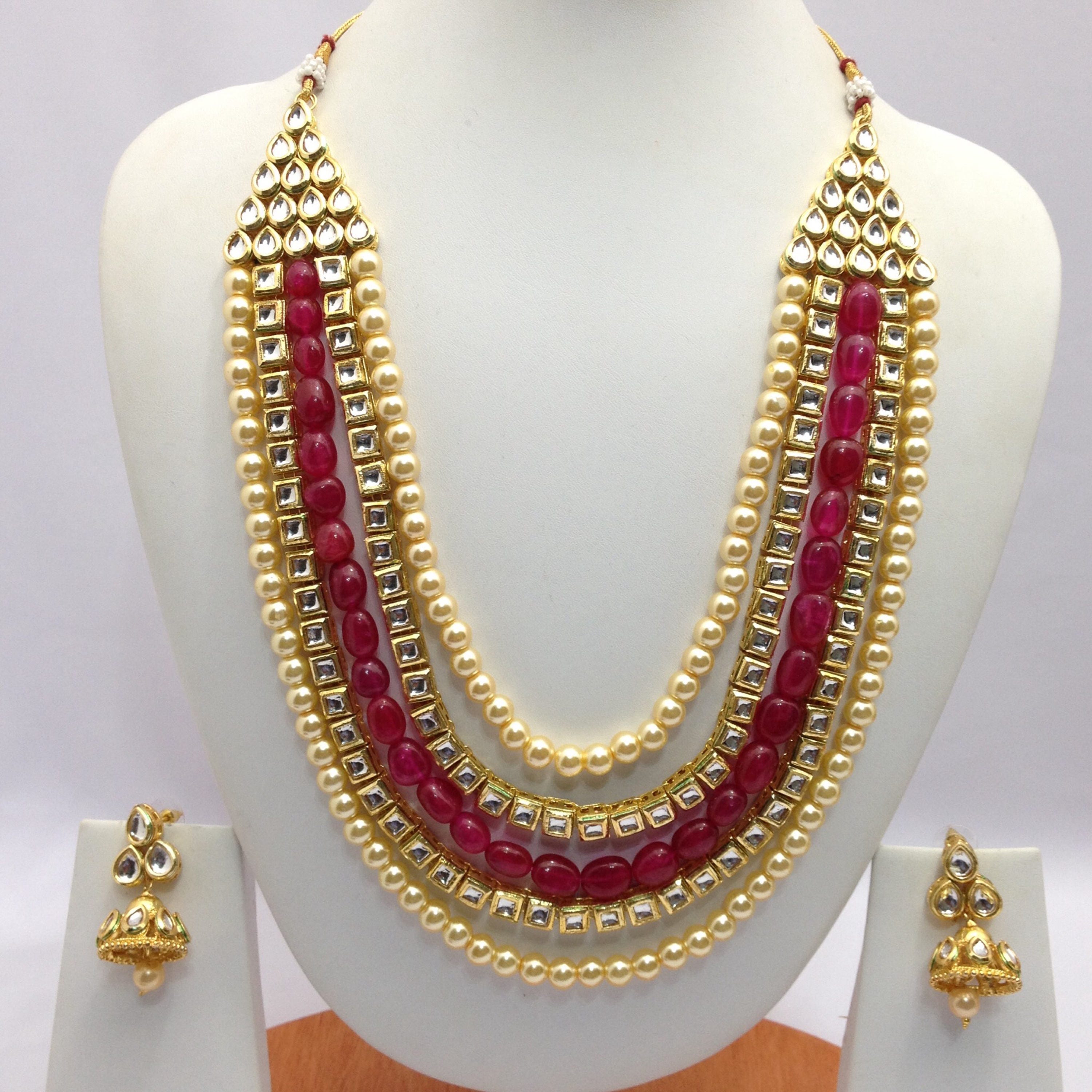Handmade Real Kundan Necklace With Earrings Natural Ruby Emerald Beaded ...