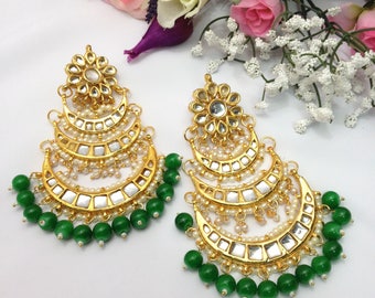 Handmade Indian Kundan Large Earrings with Pearl Imitation Bollywood jewelry Indian Wedding jewelry