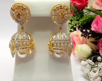 CZ American Dimonds High Quality Heavy Gold Plated Cubic Zirconia Indian Jewelry Jhumka Earrings Set Bollywood jewelry