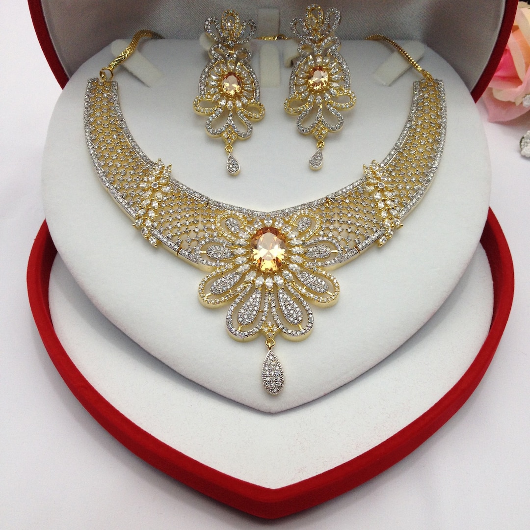 CZ American Dimonds Heavy Gold Plated Cubic Zirconia Bridal Indian