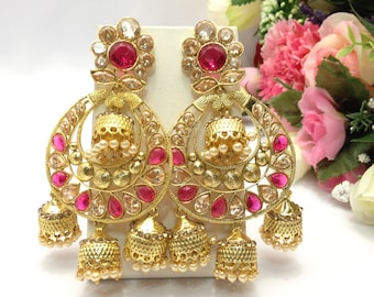 Handmade Party Wear Polki Earrings with cubic Zirconia Pearl Imitation Indian jewelry Pakistani Bollywood Jewelry indian jewellery