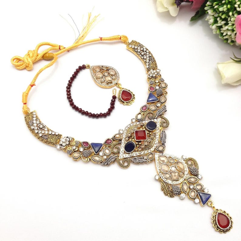 Hand Crafted Two Tones Gemstones Anarkali Necklace Set with Earrings And Tika/Headpiece indian Jewellery One Gram Gold Plated indian Jewelry image 2