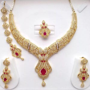 Ruby Emerald and CZ American Dimonds Gold Plated Cubic Zirconia Indian Jewelry Bridal Jewellery Necklace Set Indian Jewellery Indian Jewelry image 2