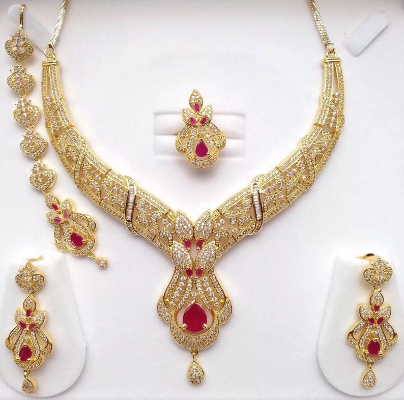 Ruby Emerald and CZ American Dimonds Gold Plated Cubic Zirconia Indian Jewelry Bridal Jewellery Necklace Set Indian Jewellery Indian Jewelry image 2