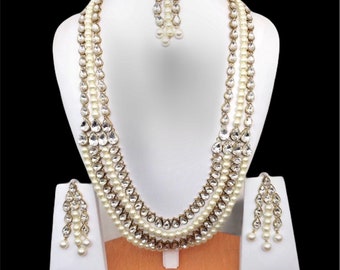 Handmade Indian Jewelry Rani haar Necklace Set With Pearl imitation , Czech , Gold Plated indian Jewellery