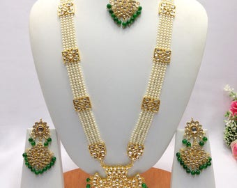Handmade Indian Jewelry Rani haar Necklace Set With Pearl imitation,Czech , Gold Plated indian Bollywood Jewelry