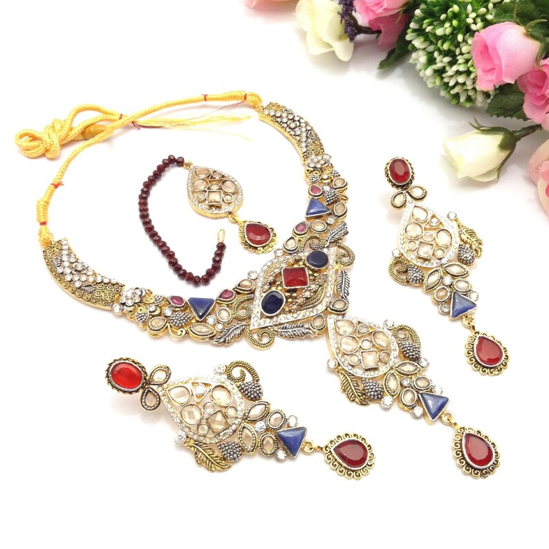 Hand Crafted Two Tones Gemstones Anarkali Necklace Set with Earrings And Tika/Headpiece indian Jewellery One Gram Gold Plated indian Jewelry image 1
