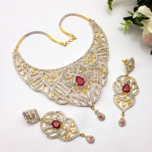 Ruby Emerald and CZ American Dimonds Gold Plated Cubic Zirconia Indian Jewelry Bridal Jewellery Necklace Set Indian Jewellery Indian Jewelry image 9