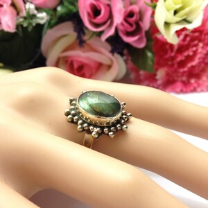 Natural Labradorite Gemstone Ring Size UK: R Antique Brass Jewelry