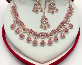 CZ American Dimonds Heavy Rose Gold Plated Cubic Zirconia Bridal Indian Jewelry Wedding Necklace Set indian Jewellery