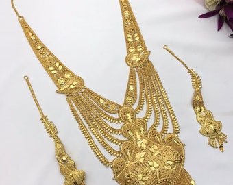 Indian Jewelry Asian Wedding Bridal Jewellery Party Ethnic Wear 22ct Heavy Gold Plated Bridal Necklace Set Rani Haar Bridal Jewelry