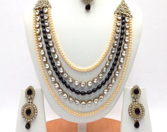 Handmade Indian jewelry Rani Haar Necklace Set with Earrings One Gram Gold Plated indian Jewellery