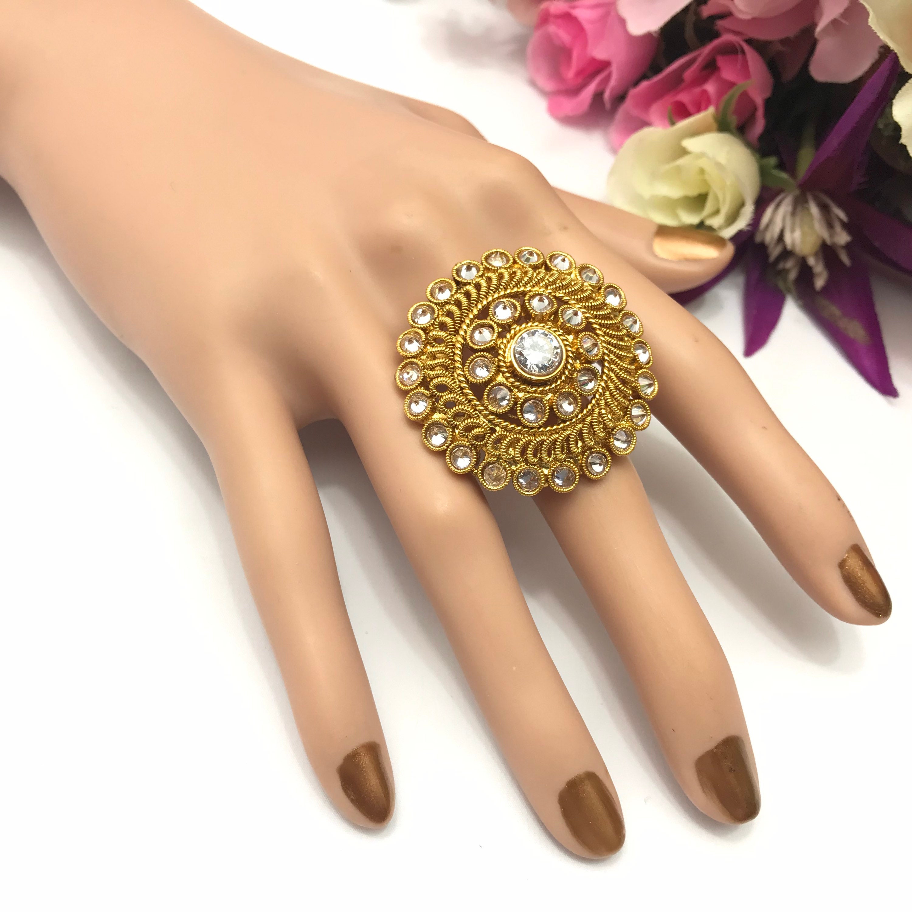 Handmade Cubic Zirconia Adjustable Polki Finger Ring . Indian
