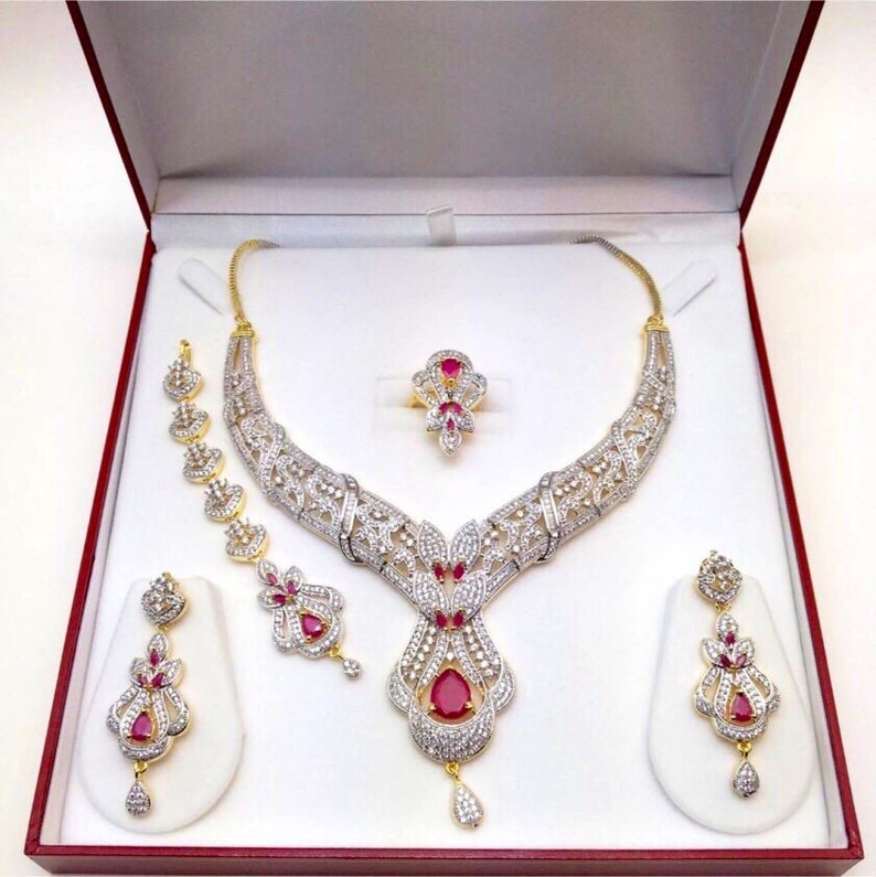 Ruby Emerald and CZ American Dimonds Gold Plated Cubic Zirconia Indian Jewelry Bridal Jewellery Necklace Set Indian Jewellery Indian Jewelry image 3