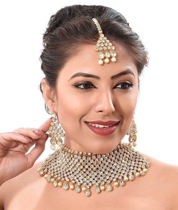 Handmade Bollywood Necklace Set with Earrings and Tika Headpiece Indian Jewelry Bollywood Set Indian jewelry Bollywood jewelry