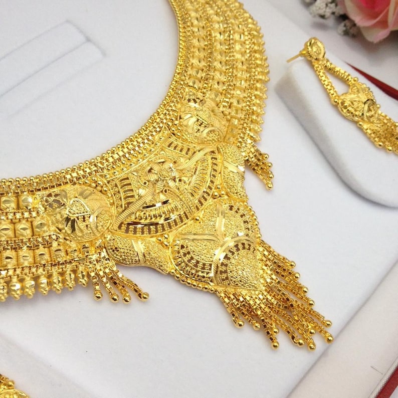 Handmade Indian Bridal Wedding Jewelry 22ct Heavy Gold Plated Necklace Set with Earrings Indian Jewelry Indian Bollywood Jewelry