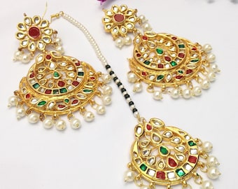 Handmade Indian Kundan Earrings with Tika Pearl Imitation Bollywood jewelry Indian Wedding jewelry