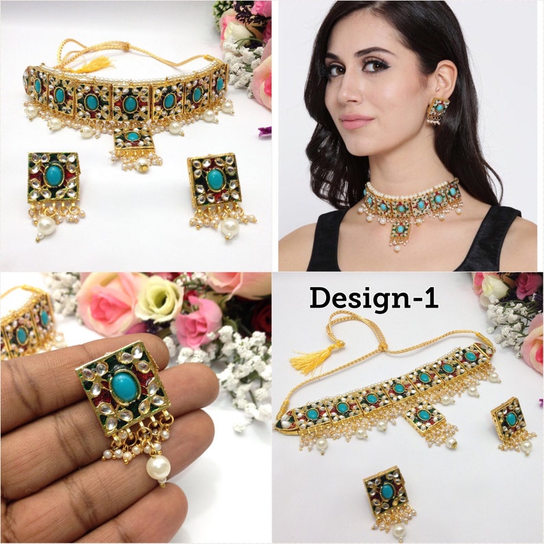 Handmade kundan Gulubandh Necklace Set with Earrings Indian Wedding Jewelry Indian jewelry Bollywood jewelry image 4