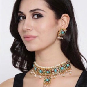 Handmade kundan Gulubandh Necklace Set with Earrings Indian Wedding Jewelry Indian jewelry Bollywood jewelry image 1