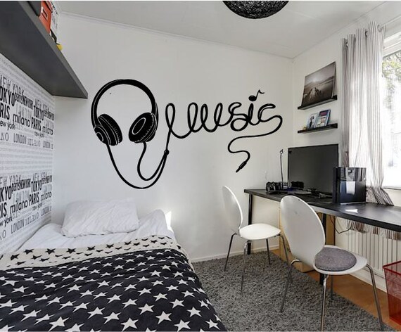 Wall Decal Sticker Bedroom Music Studio Headphones Listening Kids Room 323b