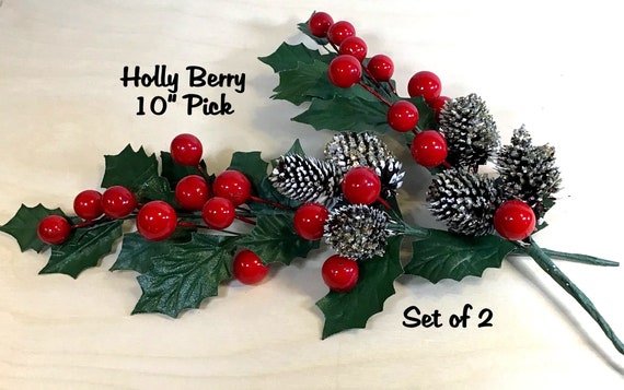 10 Inch Holly Berry Picks With Pine Cones Set/2 for Tree 