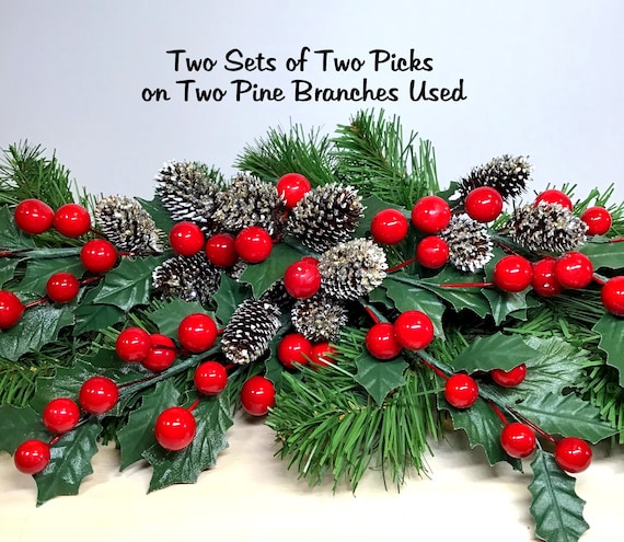 10 Inch Holly Berry Picks With Pine Cones Set/2 for Tree 