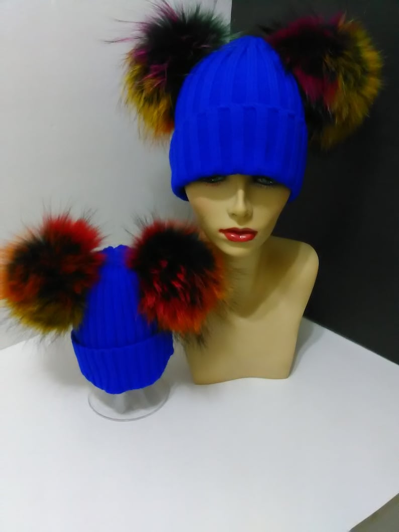 Mommy and Me Beanie Mom and Baby Two Fur Pom pom Beanies Blue Beanie Hat with Removable Real Genuine Raccoon fur Pom pom.