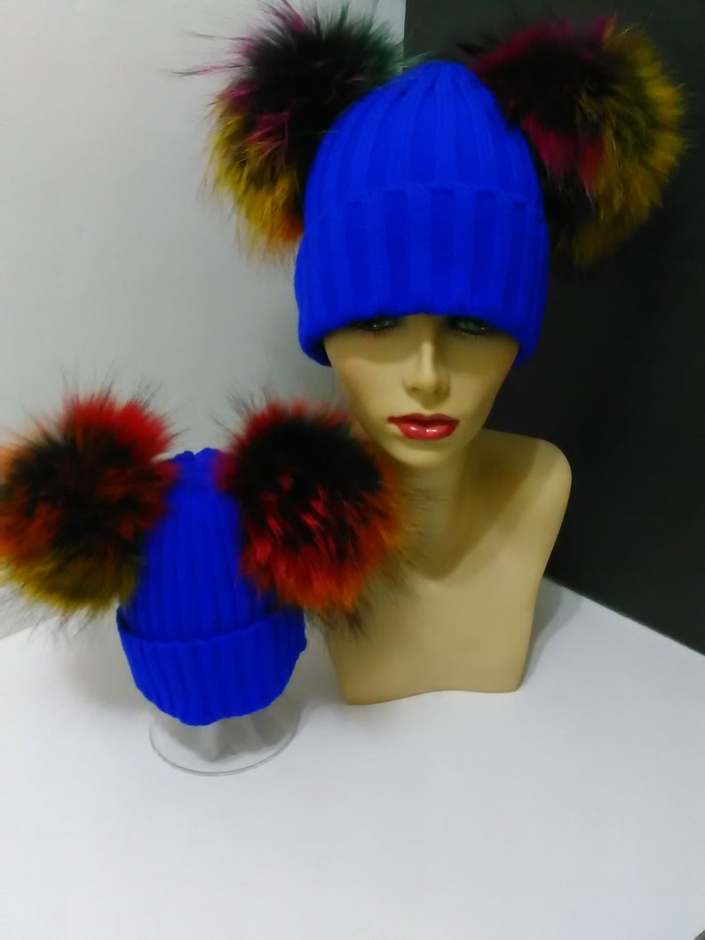 Mommy and Me Beanie Mom and Baby Two Fur Pom pom Beanies Blue Beanie Hat with Removable Real Genuine Raccoon fur Pom pom.
