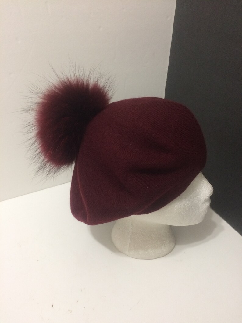 Beret Wine Red with Optional Removable Large Real Genuine Raccoon fur Pom pom. French Beret 100/% Angora Wool