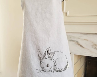 Children's Linen Easter Apron, Medium, hand embroidered bunny, reversible