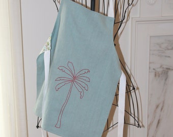 Childrens Linen Apron, Blue Linen, Palm Tree Hand Embroidery, Reversible Apron, Kids Bib Apron, Size Medium