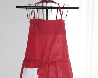 Red Linen Apron with Hand Towel, Mid-Length