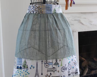 Ladies' Half Apron, 100% Open Weave Linen, Vintage Inspired, Turquoise, Paris Streetscape