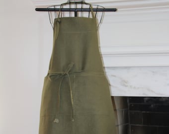 Olive Green Linen Apron with pockets, long