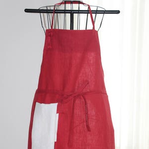 Red Linen Apron with Hand Towel, Mid-Length image 1