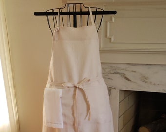 Linen Apron, Long with front pockets and apron towel