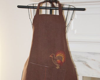 Children's Thanksgiving Apron, Brown Linen, Size Large, Reversible Apron, Hand Embroidered Turkey, Kids Cooking Apron
