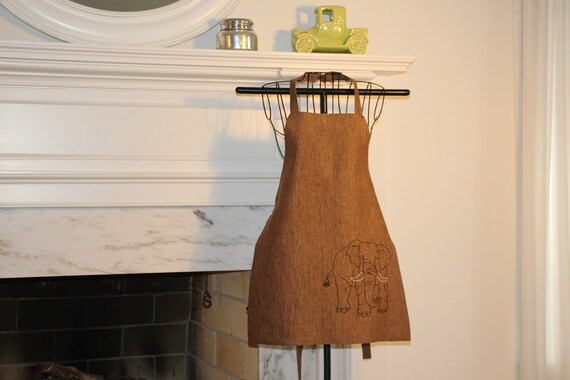 Children's Apron, Brown Linen, Size Large, Reversible Apron, Kids Linen Apron, Hand Embroidered Safari Elephant