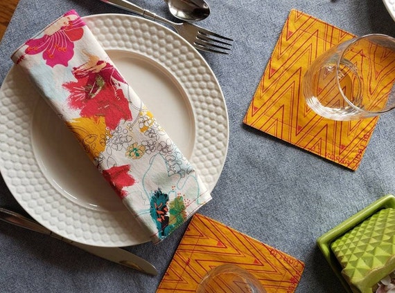 Lunch Box Napkins, Cotton, Set of 3, Reversible Napkins, 10 X 10 inches