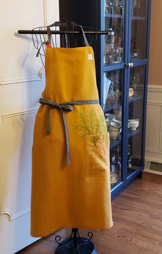 Adult Linen Apron with carrots hand embroidery