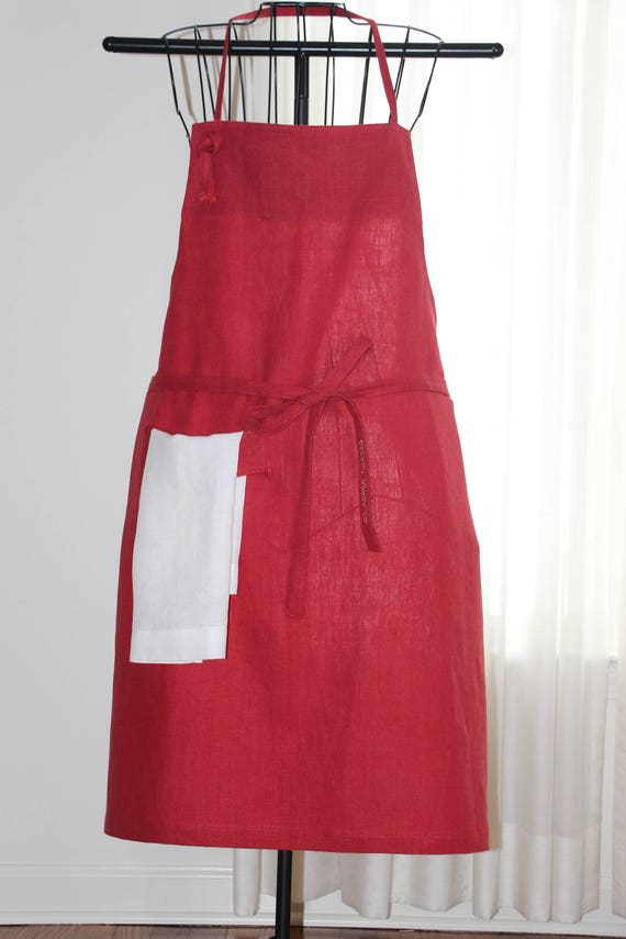 Red Linen Apron with Hand Towel, Mid-Length