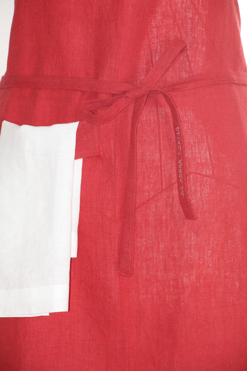 Red Linen Apron with Hand Towel, Mid-Length image 3